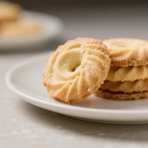 Stack of golden French butter cookies with piped swirl design on a white plate.
