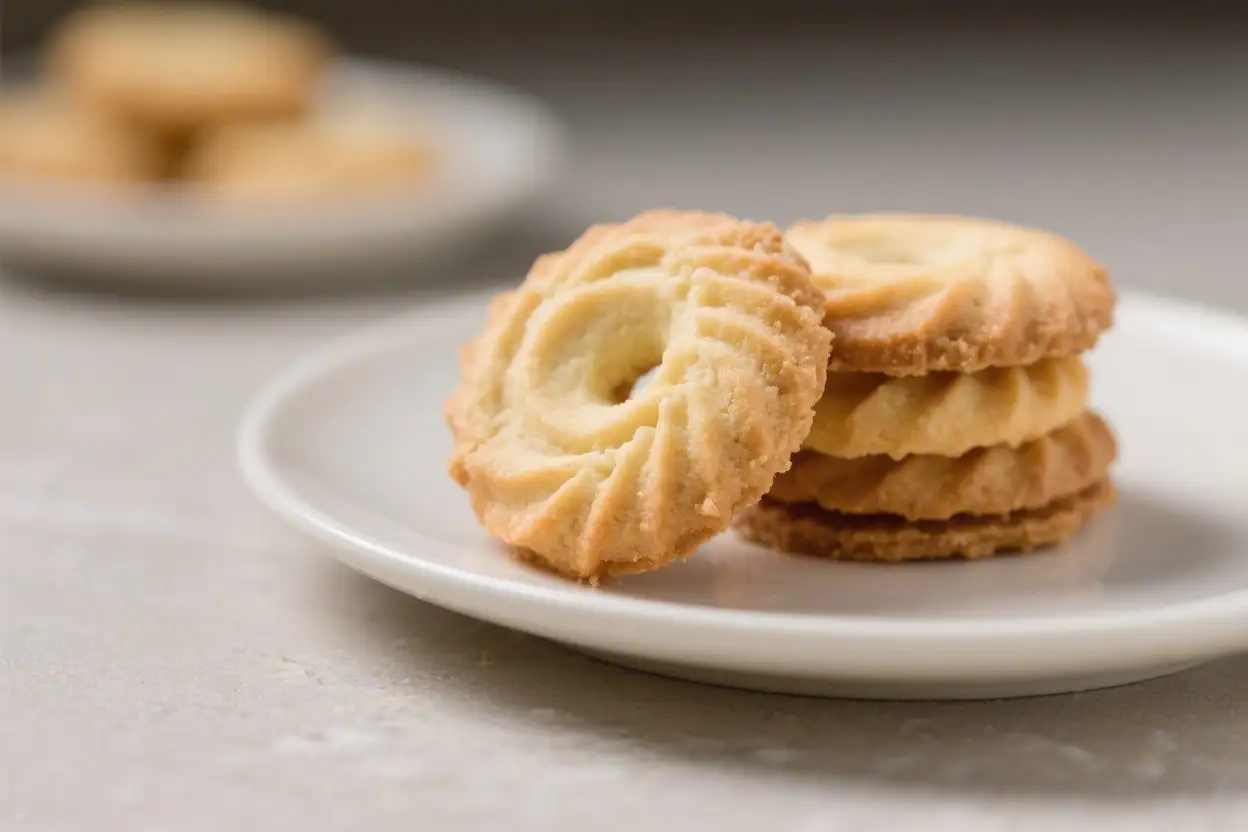 Stack of golden French butter cookies with piped swirl design on a white plate.