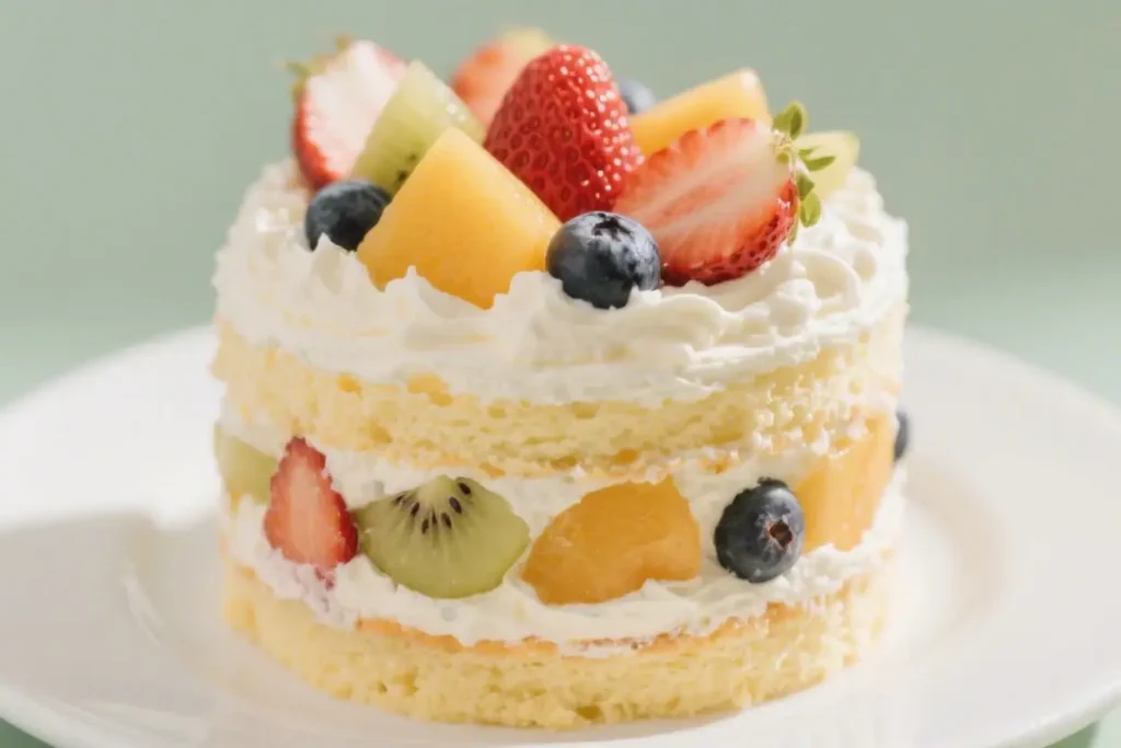 Fresh fruit cream cake layered with soft vanilla sponge, whipped cream, strawberries, kiwi, blueberries, and mango, topped with colorful fruit on a white plate.
