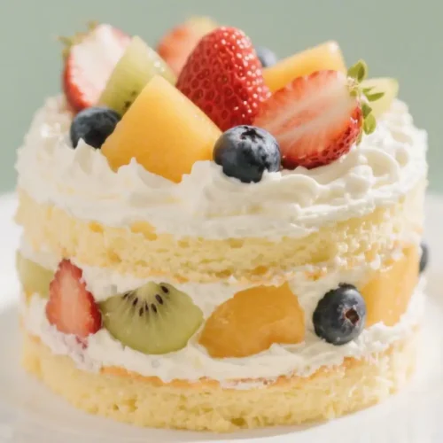 Fresh Fruit Cream Cake Light Summer Dessert Recipe - Easy, Airy, and Refreshing 2 Fresh fruit cream cake layered with soft vanilla sponge, whipped cream, strawberries, kiwi, blueberries, and mango, topped with colorful fruit on a white plate.