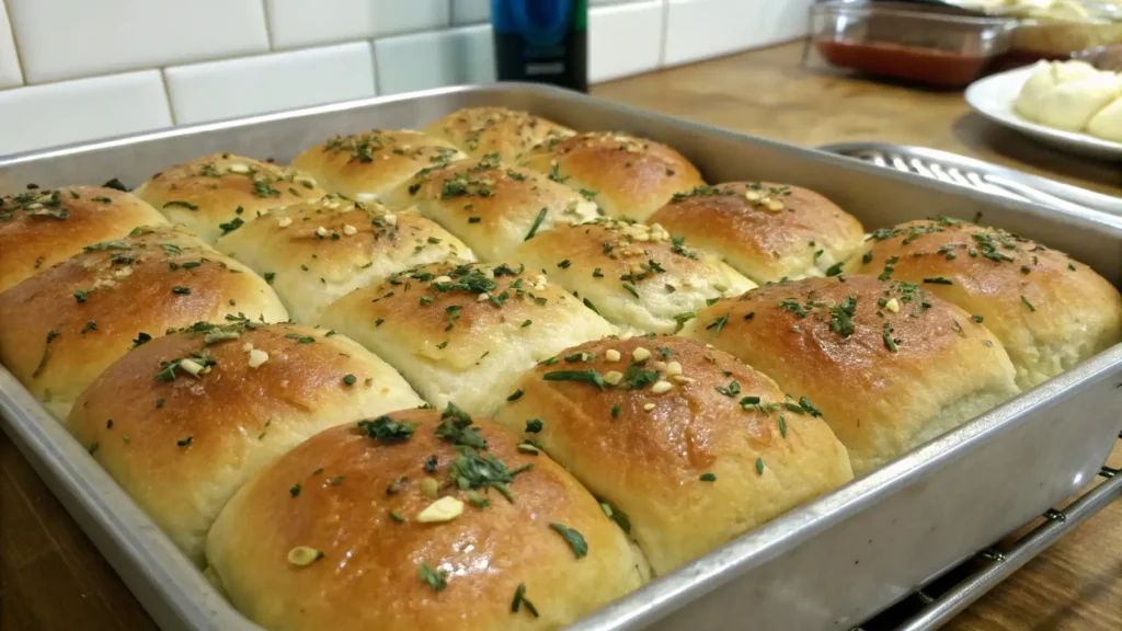 Freshly baked garlic herb butter rolls in a metal baking pan, brushed with butter and topped with chopped garlic and herbs.