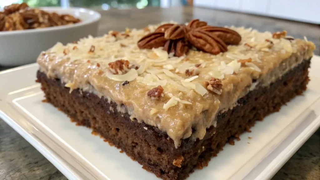 German chocolate sheet cake topped with coconut pecan frosting, shredded coconut, and whole pecans on a white plate in a bright kitchen setting