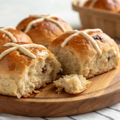 Soft Hot Cross Buns Easy Homemade Bread Recipe - Fluffy, Fragrant, and Simple 3 Soft hot cross buns with raisins and white icing crosses on a wooden serving board, one bun torn open to reveal the fluffy interior.
