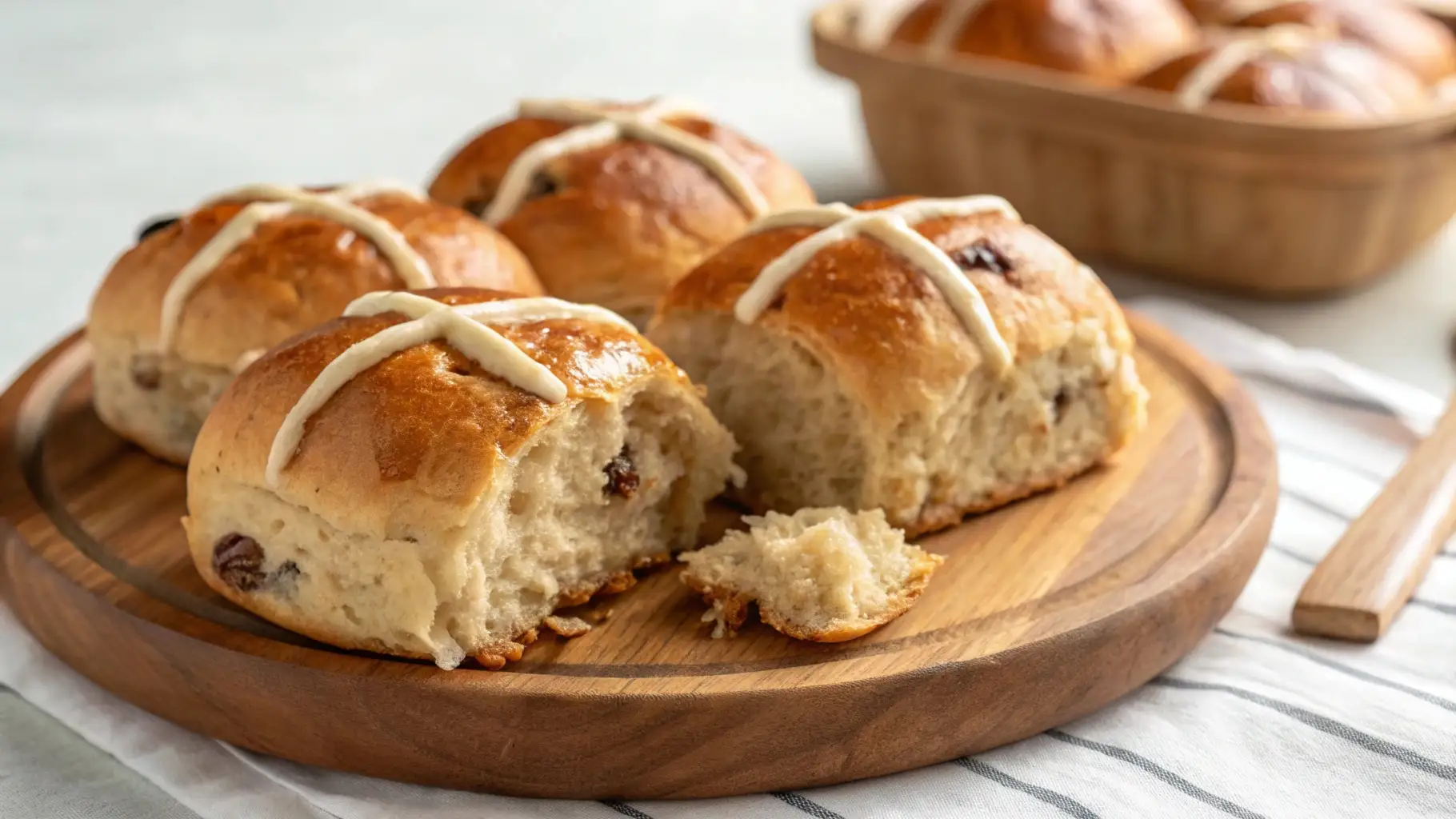Soft Hot Cross Buns Easy Homemade Bread Recipe - Fluffy, Fragrant, and Simple 1 Soft hot cross buns with raisins and white icing crosses on a wooden serving board, one bun torn open to reveal the fluffy interior.