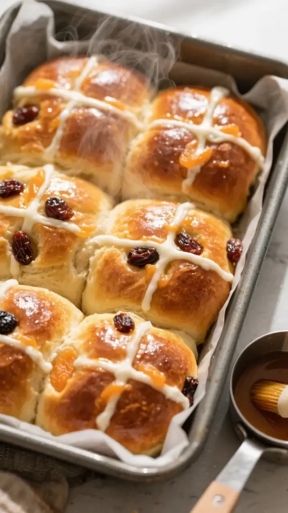Soft Hot Cross Buns Easy Homemade Bread Recipe - Fluffy, Fragrant, and Simple 2 Freshly baked hot cross buns in a parchment-lined baking pan, glazed and topped with icing crosses, raisins, and bits of candied orange peel, with steam rising from the warm bread.