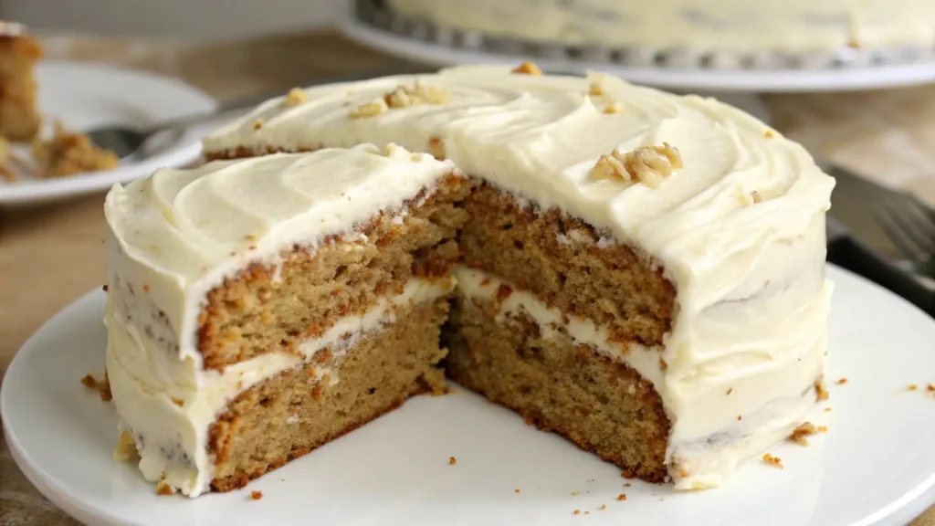 Moist layered cake with cream cheese frosting and chopped nuts, sliced to reveal soft crumb and filling