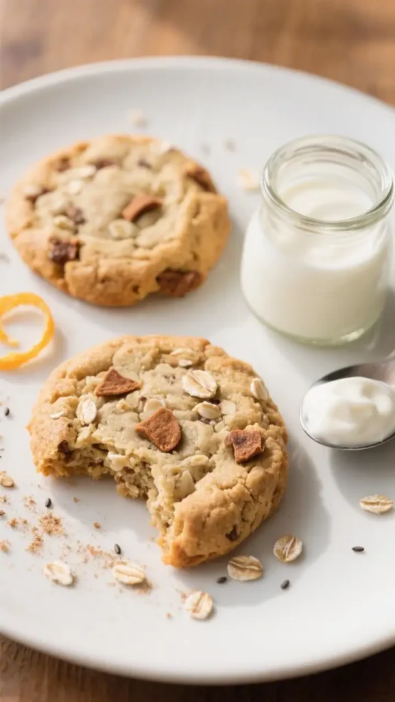 Oat breakfast cookie with a bite taken out, served on a plate with milk and yogurt.