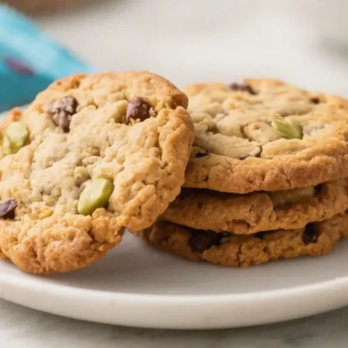 Stack of homemade breakfast cookies with chocolate chips and pumpkin seeds on a white plate.