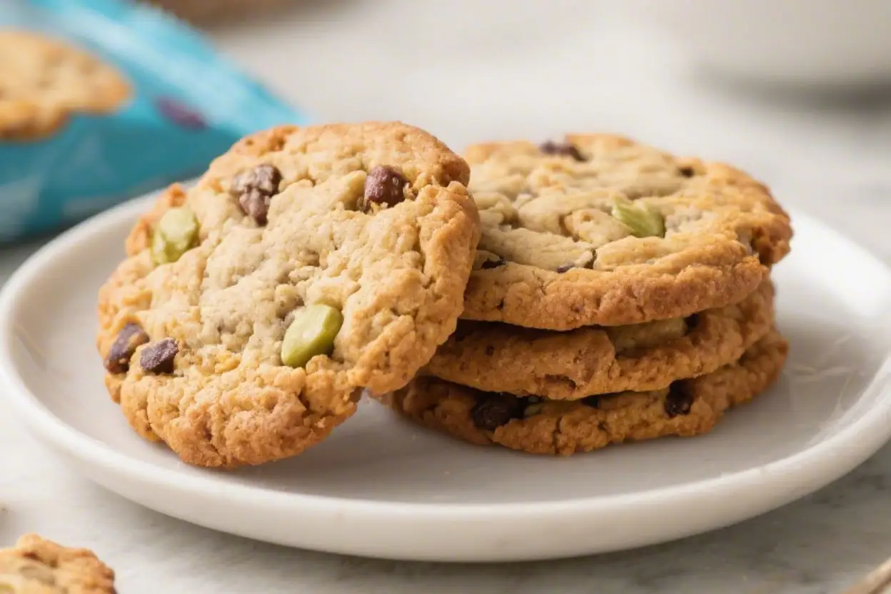 Stack of homemade breakfast cookies with chocolate chips and pumpkin seeds on a white plate.