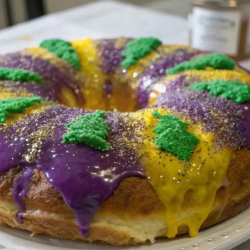 Mardi Gras king cake with purple green and gold icing and festive sugar topping in a ring shape