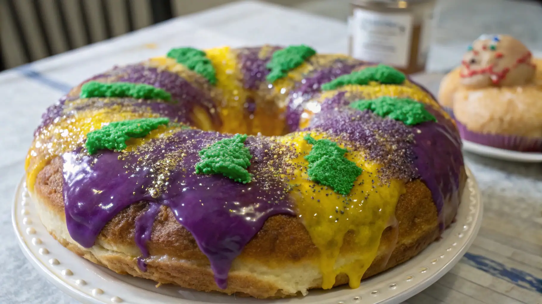 Mardi Gras king cake with purple green and gold icing and festive sugar topping in a ring shape