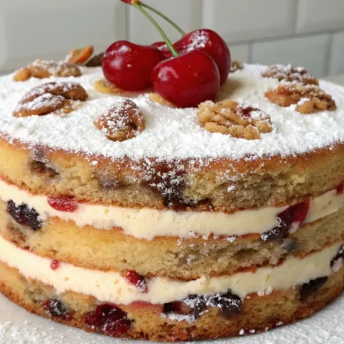 Traditional Lane cake with layers of sponge, creamy filling, cherries, and nuts topped with powdered sugar