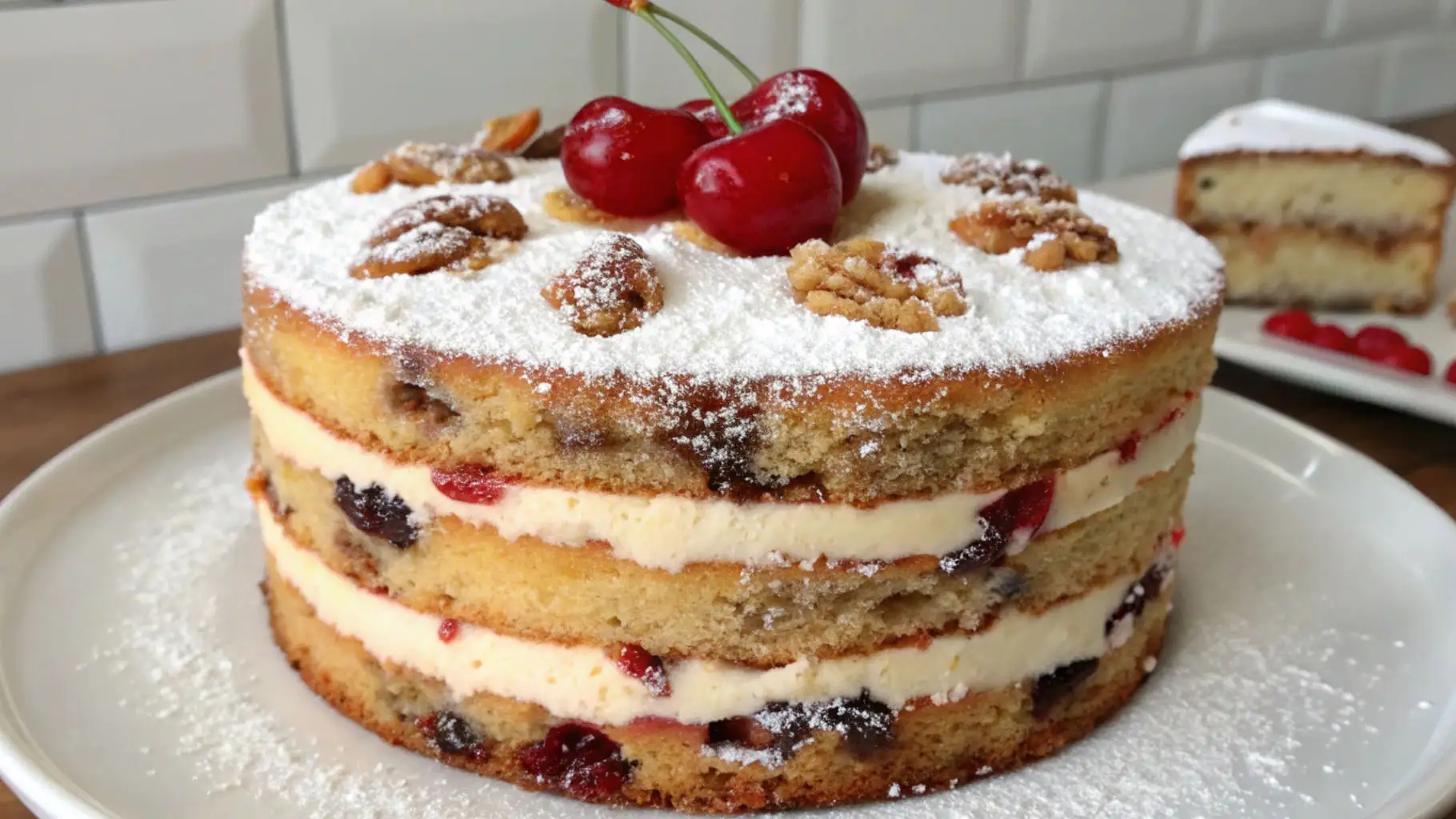 Traditional Lane cake with layers of sponge, creamy filling, cherries, and nuts topped with powdered sugar