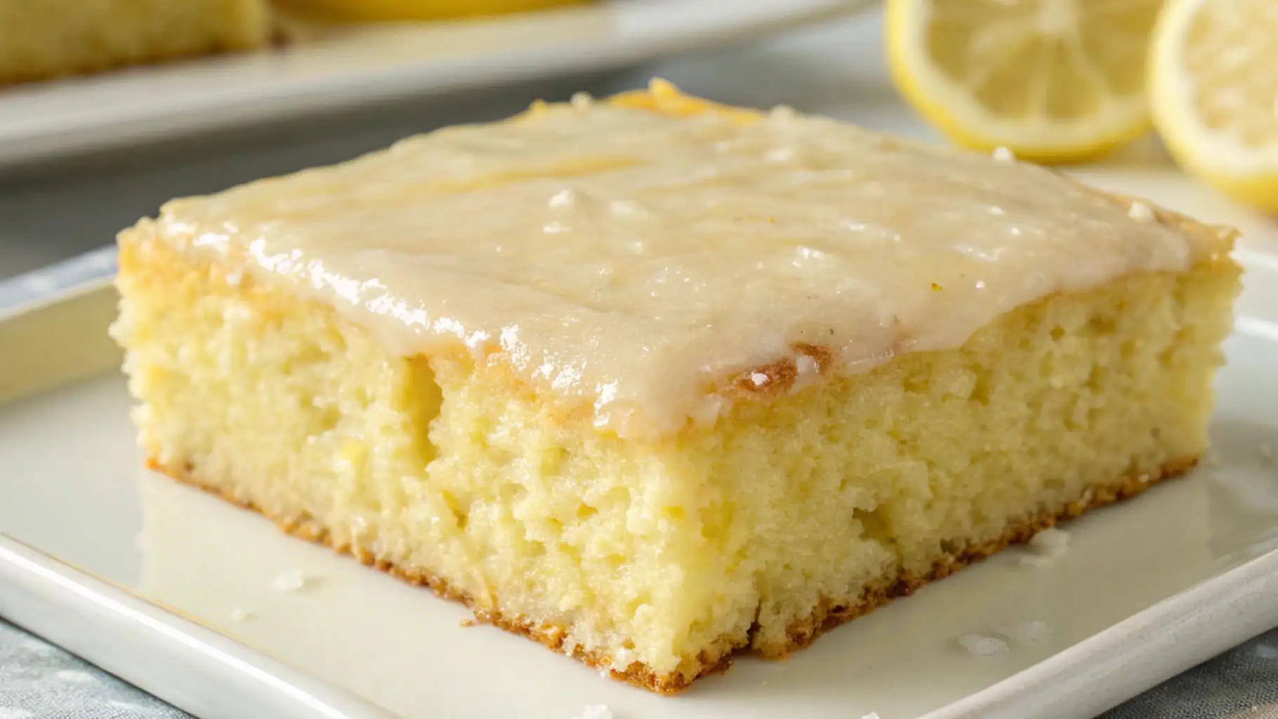 Lemon Buttermilk Sheet Cake Soft Moist Easy Homemade Dessert - Bright, Tender, and Crowd-Friendly 1 Moist lemon buttermilk sheet cake with creamy lemon glaze on top, served on a plate with fresh lemon slices