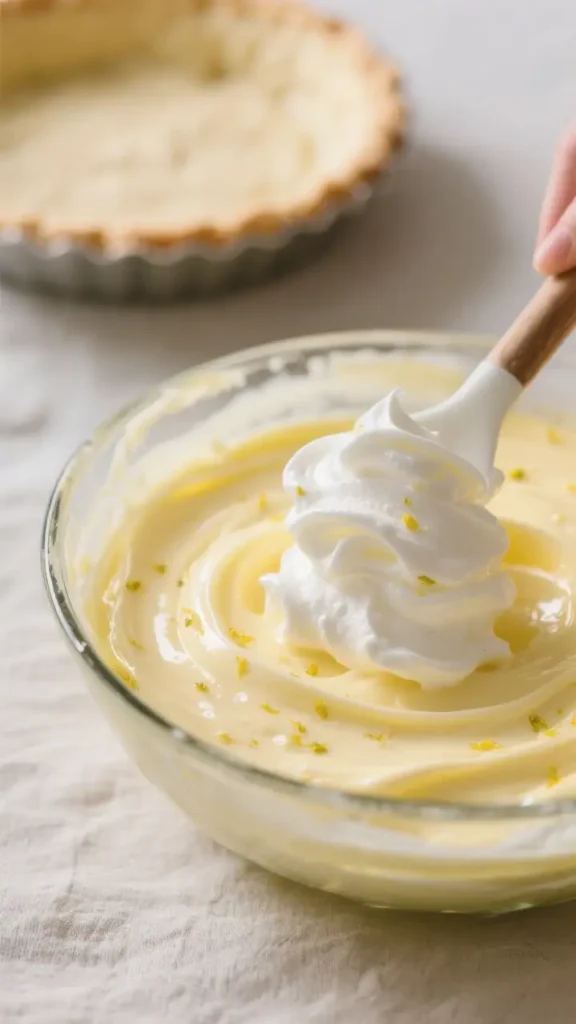 Whipped cream being folded into a creamy lemon chiffon pie filling in a glass bowl with lemon zest, with a prepared pie crust in the background.