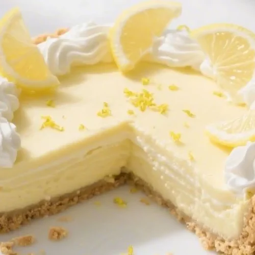 Slice of creamy lemon chiffon pie with whipped cream swirls, lemon slices, and a buttery graham cracker crust on a white plate.