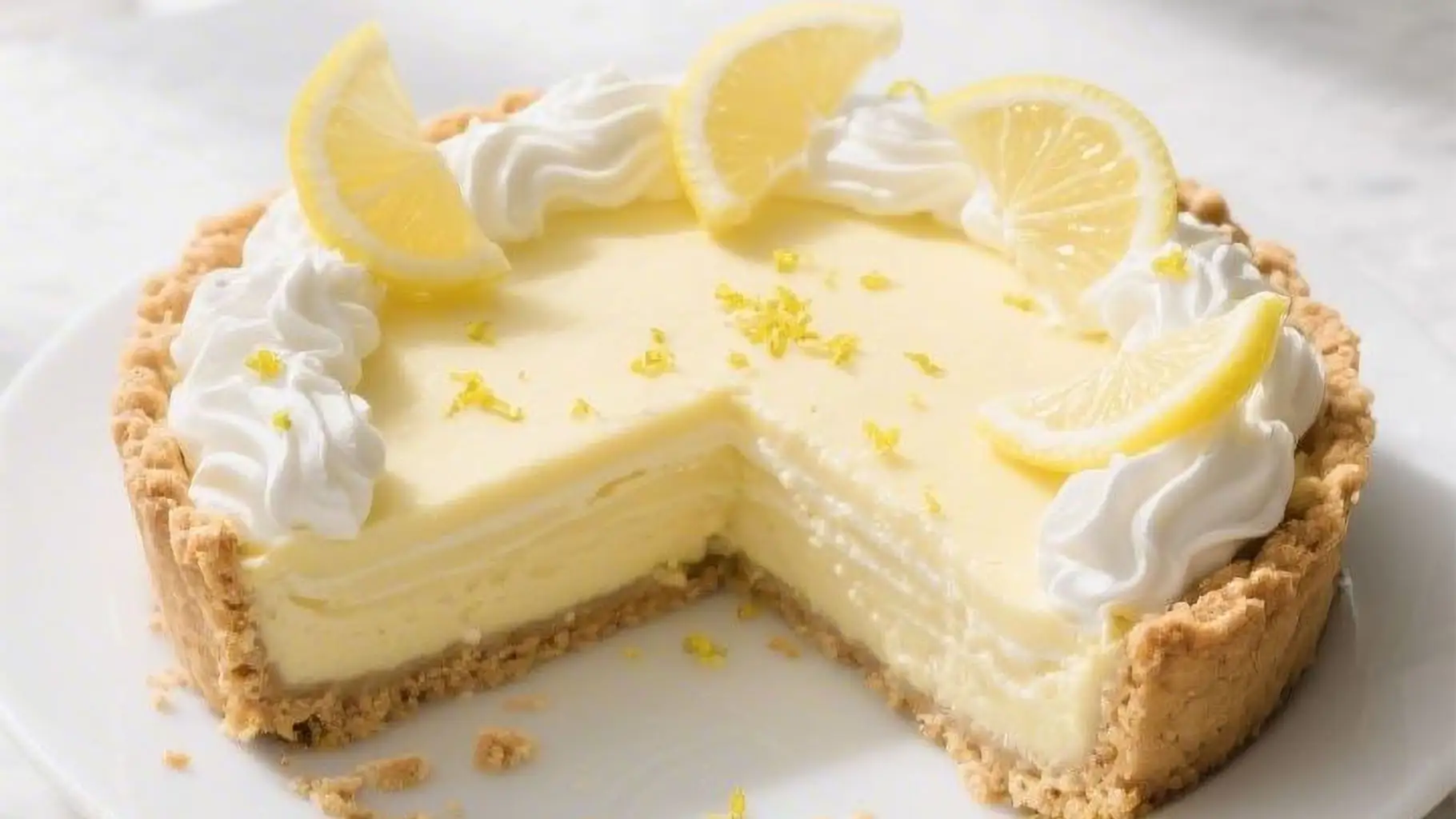 Slice of creamy lemon chiffon pie with whipped cream swirls, lemon slices, and a buttery graham cracker crust on a white plate.