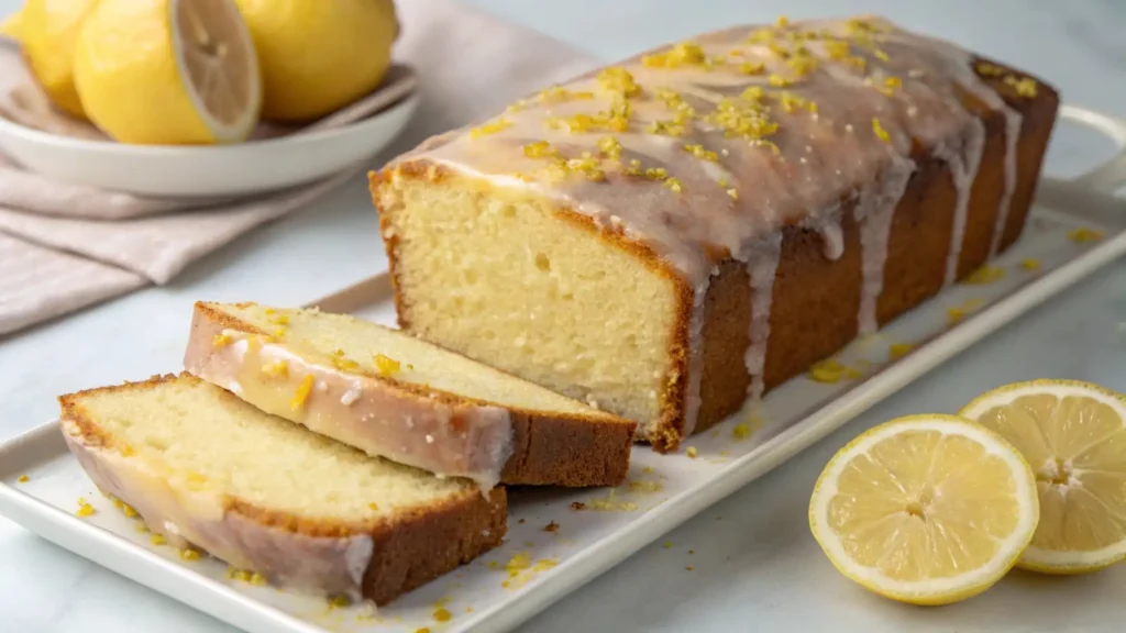 Glazed lemon pound cake loaf on a white platter with two sliced pieces, topped with lemon icing and zest, with fresh lemons in the background.