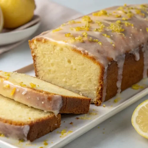 Easy Lemon Pound Cake Recipe - Bright, Buttery, and Moist 2 Glazed lemon pound cake loaf on a white platter with two sliced pieces, topped with lemon icing and zest, with fresh lemons in the background.