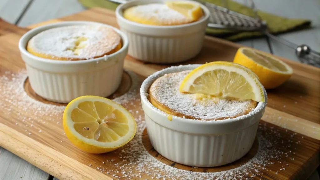 Lemon pudding cakes baked in white ramekins dusted with powdered sugar, topped with fresh lemon slices on a wooden board with citrus and kitchen tools