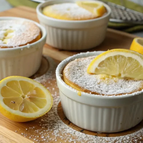 Lemon pudding cakes baked in white ramekins dusted with powdered sugar, topped with fresh lemon slices on a wooden board with citrus and kitchen tools