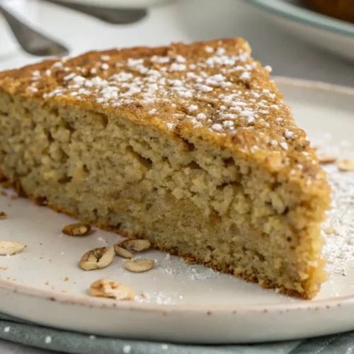 Slice of low sugar banana oat cake topped with powdered sugar and oat flakes on a plate.