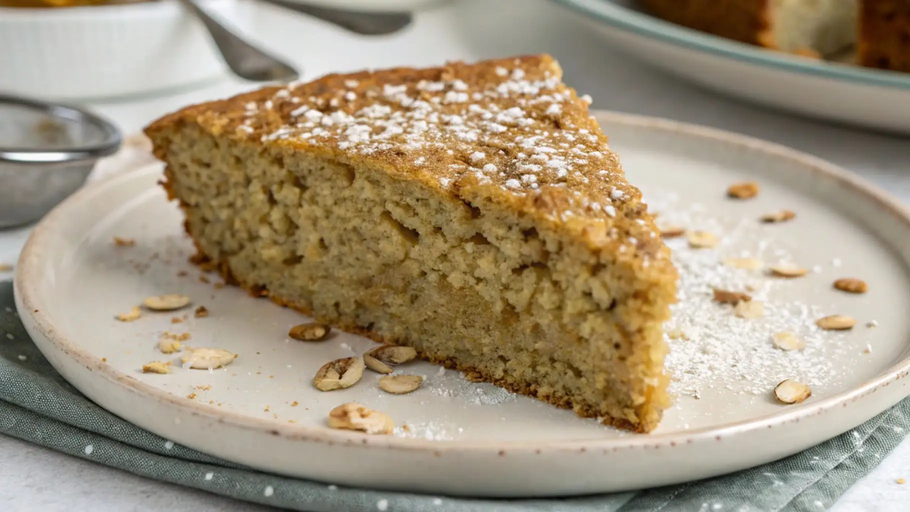 Slice of low sugar banana oat cake topped with powdered sugar and oat flakes on a plate.