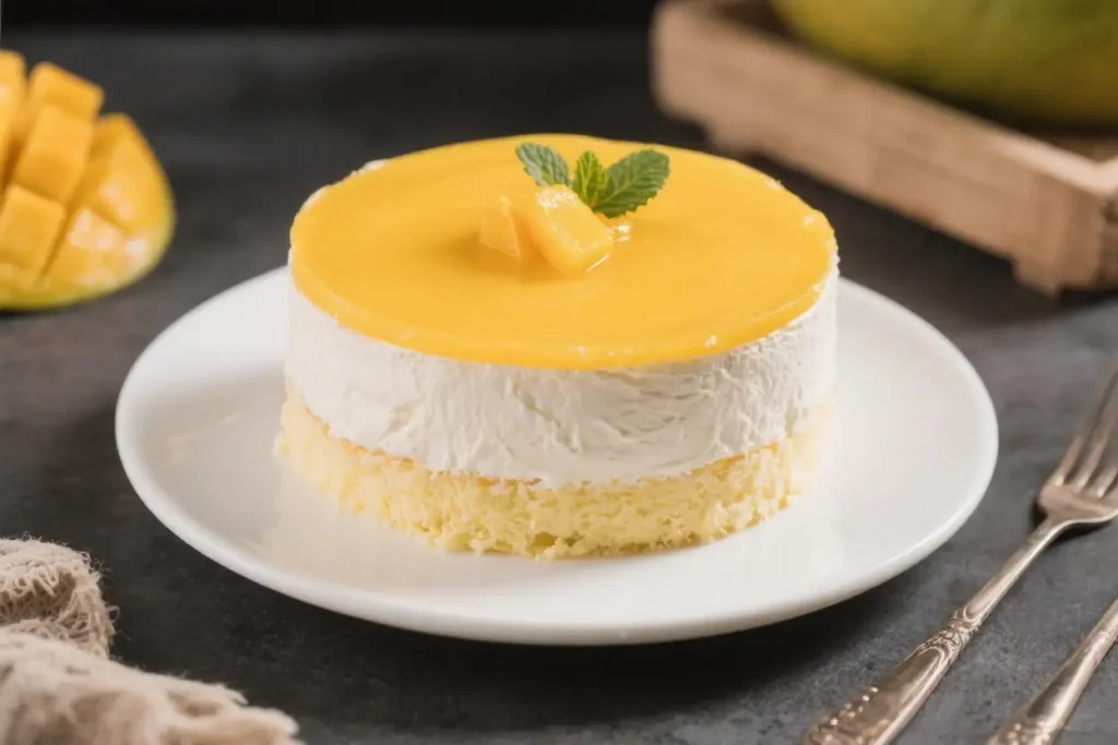 A close-up view of a beautifully prepared mini mango mousse cake on a small white dessert plate, set against a dark, textured background. The cake is perfectly layered with a delicate, yellow-tinted sponge base and a creamy, white mousse layer. A vibrant, glistening mango glaze covers the top, garnished with a few small mango chunks and fresh mint leaves. The scene is tastefully arranged with a blurry fresh mango and a wooden crate in the background, and a fork and textured cloth in the foreground, making the whole setting look very inviting.