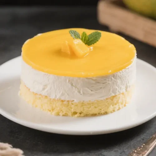 A close-up view of a beautifully prepared mini mango mousse cake on a small white dessert plate, set against a dark, textured background. The cake is perfectly layered with a delicate, yellow-tinted sponge base and a creamy, white mousse layer. A vibrant, glistening mango glaze covers the top, garnished with a few small mango chunks and fresh mint leaves. The scene is tastefully arranged with a blurry fresh mango and a wooden crate in the background, and a fork and textured cloth in the foreground, making the whole setting look very inviting.