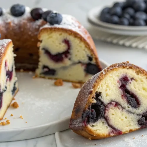 Easy Marbled Blueberry Bundt Cake Recipe from Scratch – A Swirled, Moist Treat 2 Marbled blueberry Bundt cake sliced on a white plate, showing soft vanilla crumb swirled with juicy blueberries and dusted with powdered sugar.