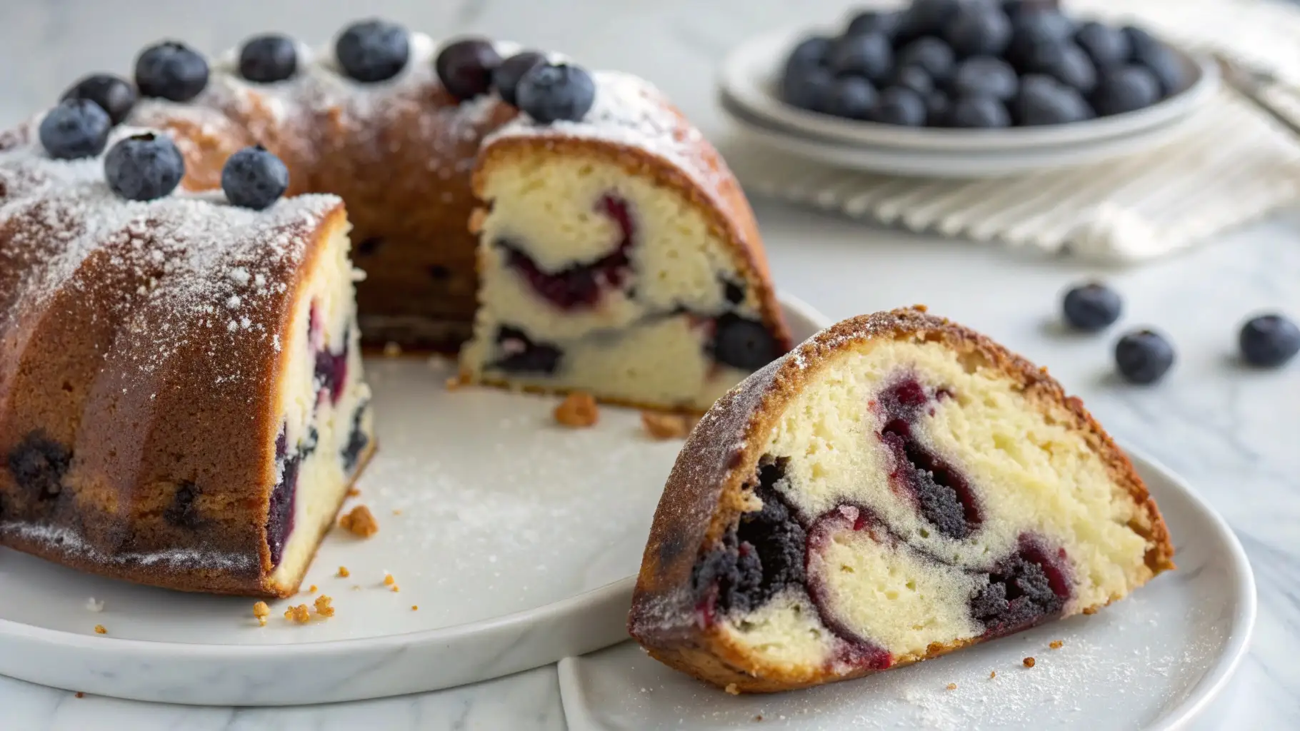 Easy Marbled Blueberry Bundt Cake Recipe from Scratch – A Swirled, Moist Treat 1 Marbled blueberry Bundt cake sliced on a white plate, showing soft vanilla crumb swirled with juicy blueberries and dusted with powdered sugar.