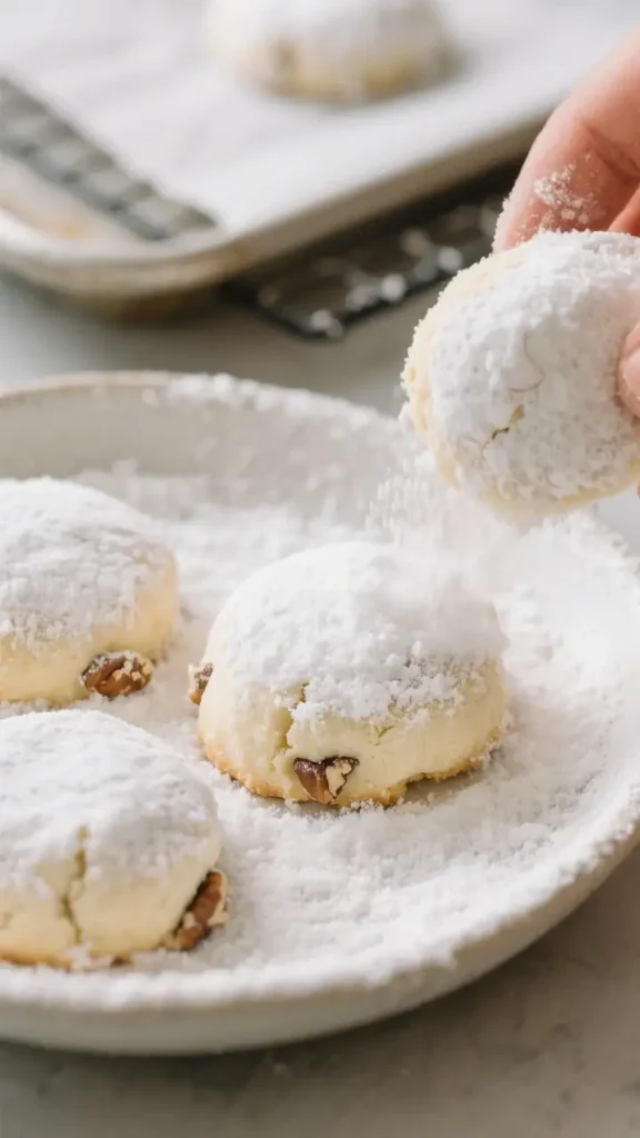 Hand coating Mexican wedding cookies with powdered sugar on a plate with chopped nuts
