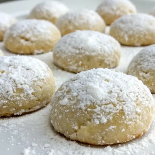 Buttery Mexican wedding cookies dusted with powdered sugar on a white serving plate