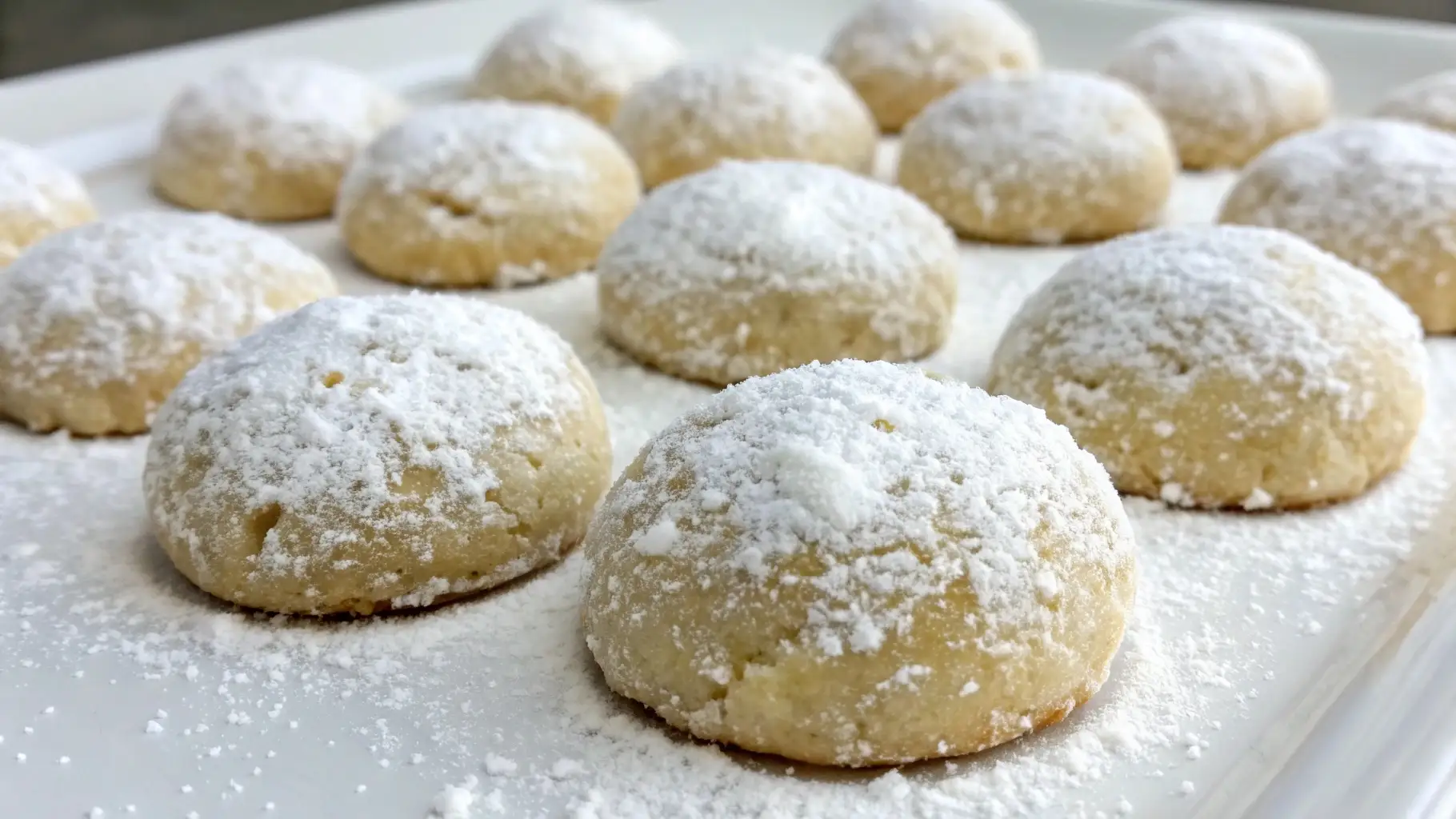 Buttery Mexican wedding cookies dusted with powdered sugar on a white serving plate
