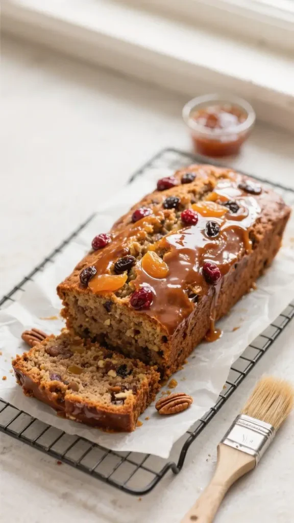 A freshly baked loaf of spiced fruit cake sits on a wire cooling rack with parchment paper. One thick slice has been cut from the end, revealing a dense interior studded with nuts and dried fruits. The whole loaf is generously topped with a rich, glossy caramel-colored glaze and decorated with dried apricots, cranberries, and raisins. Loose pecan nuts and a wooden pastry brush are on the rack, with a small glass bowl of the same glaze visible in the background against a light, neutral surface.