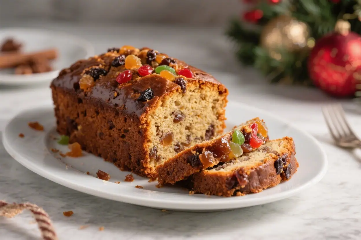 A sliced, glaze-topped Christmas fruitcake filled with mincemeat and dried fruit, resting on a white plate on a marble countertop with blurred festive ornaments in the background.