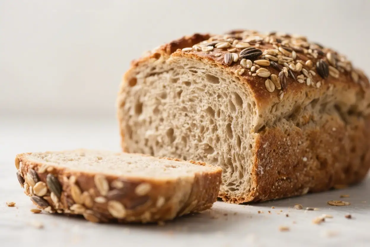 Sliced loaf of multigrain bread topped with mixed seeds on a neutral surface.