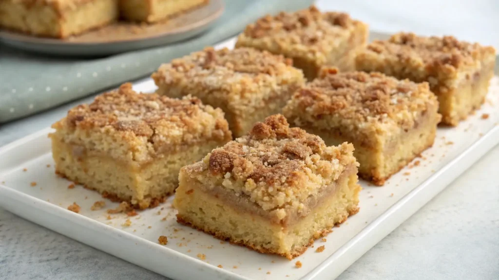 New Jersey crumb buns cut into squares with thick buttery crumb topping and soft cake base served on a white platter
