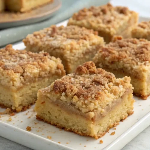 New Jersey Crumb Buns with Thick Bakery Style Crumbs - Soft Base, Big Crunch 2 New Jersey crumb buns cut into squares with thick buttery crumb topping and soft cake base served on a white platter