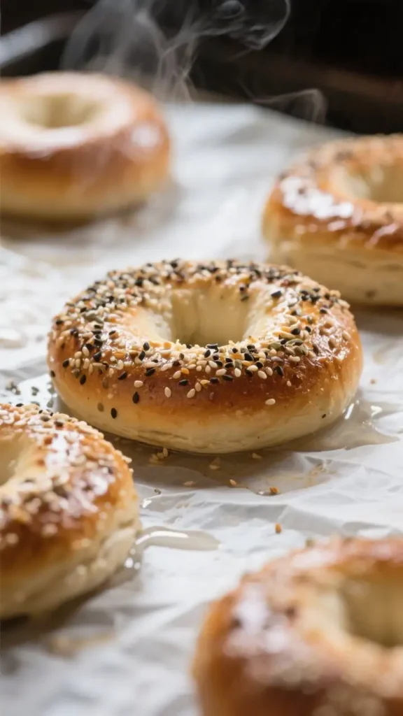 Freshly baked everything bagel with sesame and poppy seeds, steaming on parchment paper