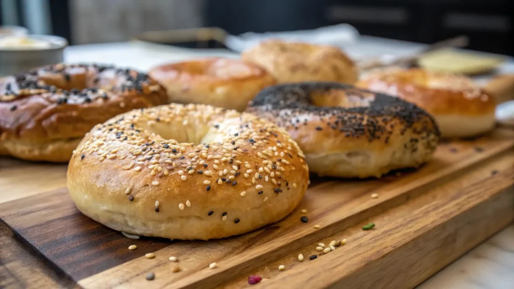 Freshly baked assorted bagels topped with sesame seeds and poppy seeds on a wooden board