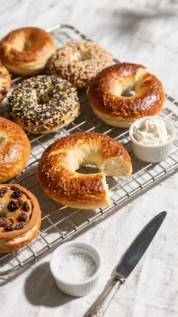 Assorted freshly baked bagels on a cooling rack with cream cheese and coarse salt