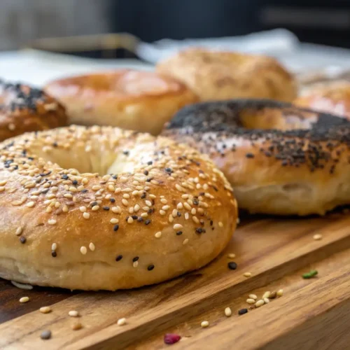 Freshly baked assorted bagels topped with sesame seeds and poppy seeds on a wooden board