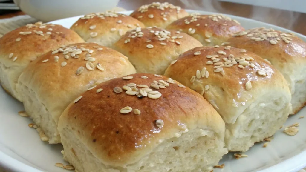 Close up of soft oatmeal dinner rolls topped with oats, golden brown and fluffy inside, served on a white plate.