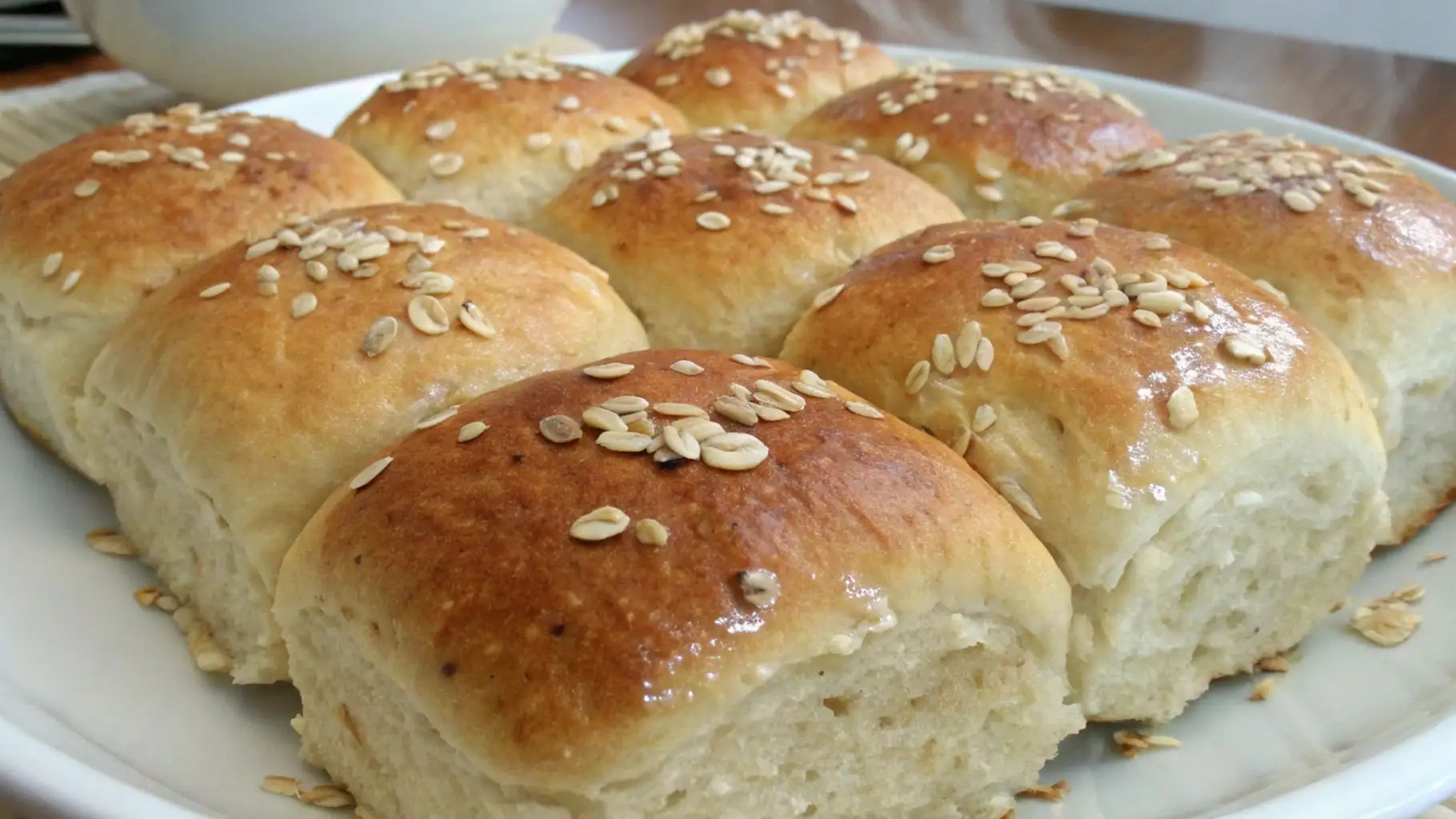 Soft Oatmeal Dinner Rolls Easy Homemade Recipe - Fluffy, Cozy, and Foolproof 1 Close up of soft oatmeal dinner rolls topped with oats, golden brown and fluffy inside, served on a white plate.