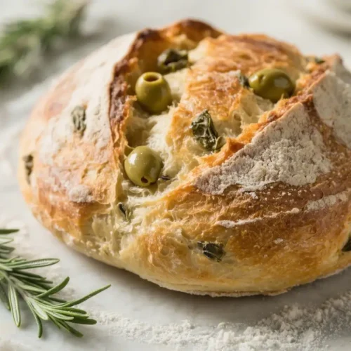 Rustic olive rosemary bread loaf with green olives and fresh herbs