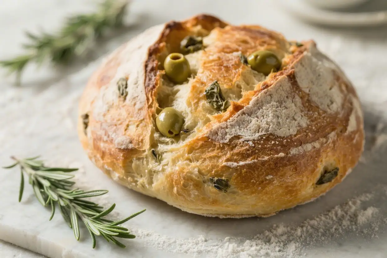 Rustic olive rosemary bread loaf with green olives and fresh herbs