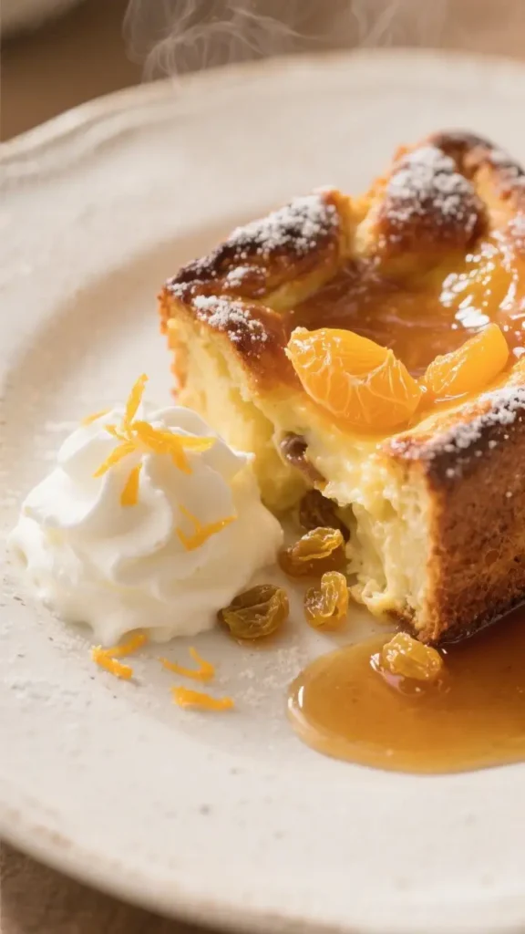 Slice of orange marmalade bread pudding with raisins and whipped cream