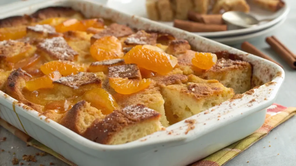 Orange marmalade bread pudding baked with soft bread cubes and citrus glaze
