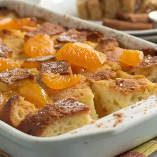 Orange marmalade bread pudding baked with soft bread cubes and citrus glaze